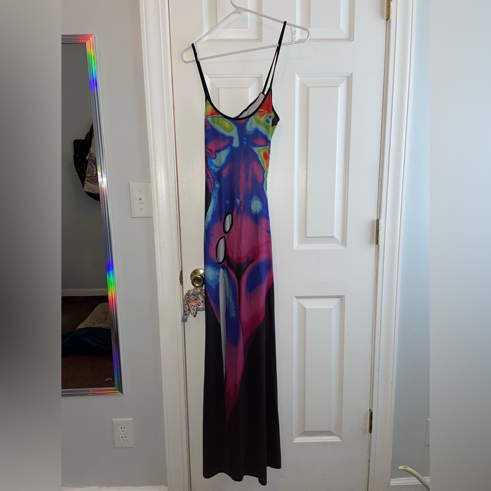 Y2K BODY IMPRINT BODYCON FIGURE HUGGING CUTOUT LONG CLUBBING DRESS